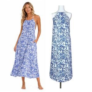 Caroline Constas | Linen Blend Blue White Halter Midi Dress Floral Print Size L
